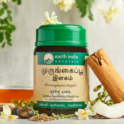 Murungaipoo Ilagam, a natural Siddha formulation for boosting male fertility, pictured here with its natural, raw ingredients